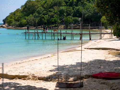 Schaukel am paradiesischen Strand mit Steg photo