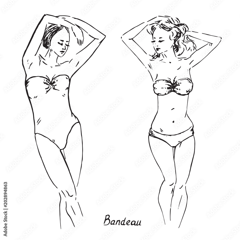 Portrait of sexy retro pin up girls in bandeau one and two pieces swimsuit  with inscription, hand drawn outline doodle, sketch in pop art style, black  and white vector illustration Stock Vector