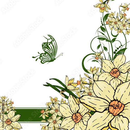  hand drawing  Narcissus flowers background.