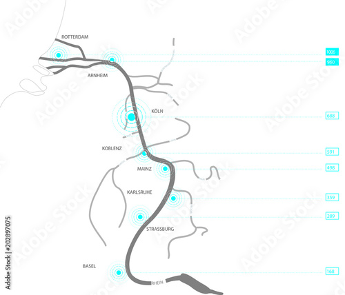Rheinkarte mit Rheinkilometern