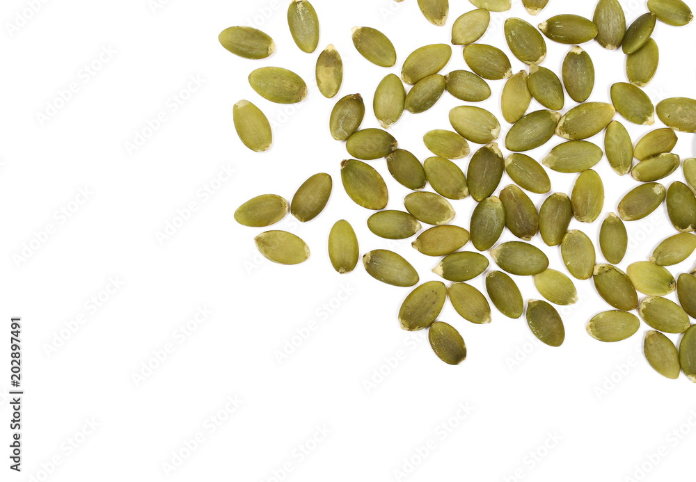 Pumpkin seeds isolated on white background, top view - obrazy, fototapety, plakaty 