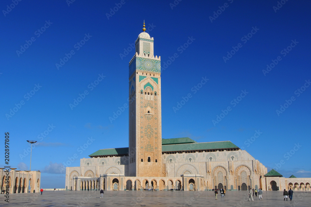 The Hassan II Mosque or Grande Mosquee Hassan II, a mosque in Casablanca Morocco. It is the largest mosque in Morocco and the 13th largest in the world.