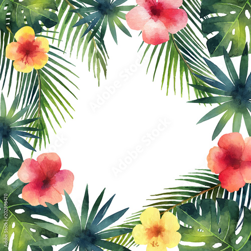 Watercolor vector card tropical leaves and bright hibiscus flowers isolated on white background.