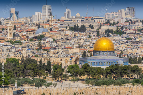 View of the Old city of Jerusalem including the Dome of the Rock mosque, taken from the Mount of Olives, Jerusalem, Israel.