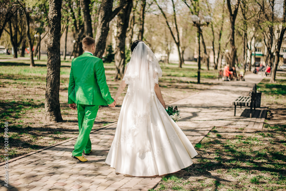 newlyweds, hold hands and stroll around the park newlyweds, hold hands and stroll around the park
