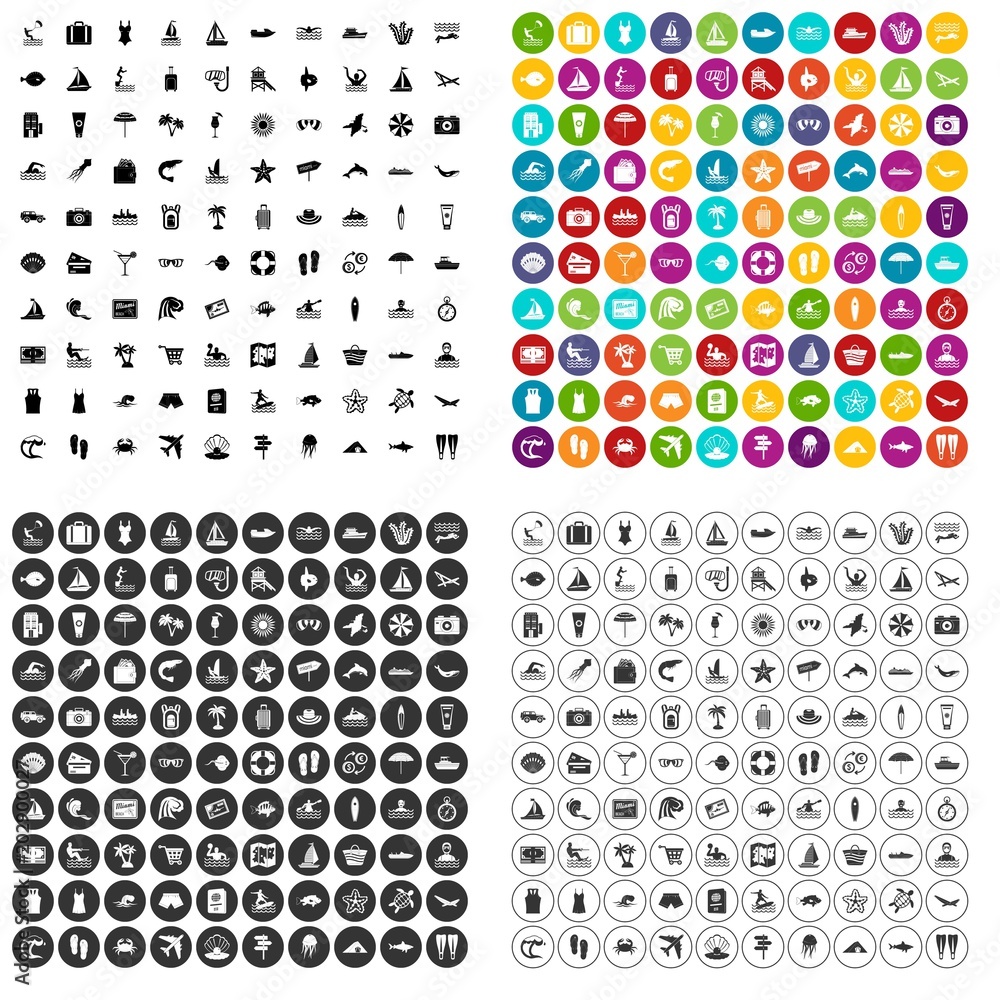 100 beach icons set vector in 4 variant for any web design isolated on white