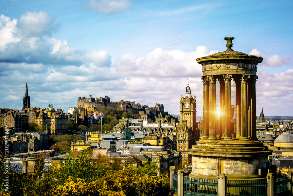 Edinburgh skyline as seen from Calton Hill Edinburgh Dugald Stewart monument with Edinburgh Castle on background 