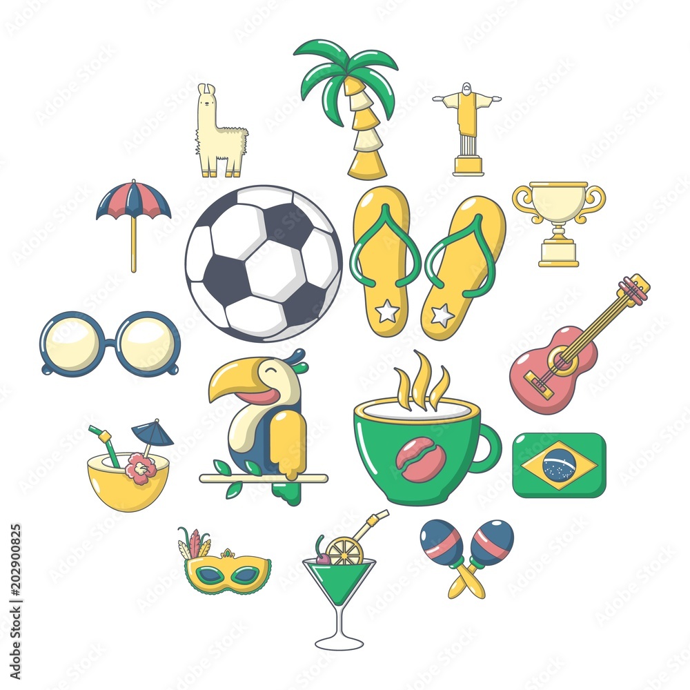 Brasil travel icons set. Cartoon illustration of 16 Brasil travel vector icons for web