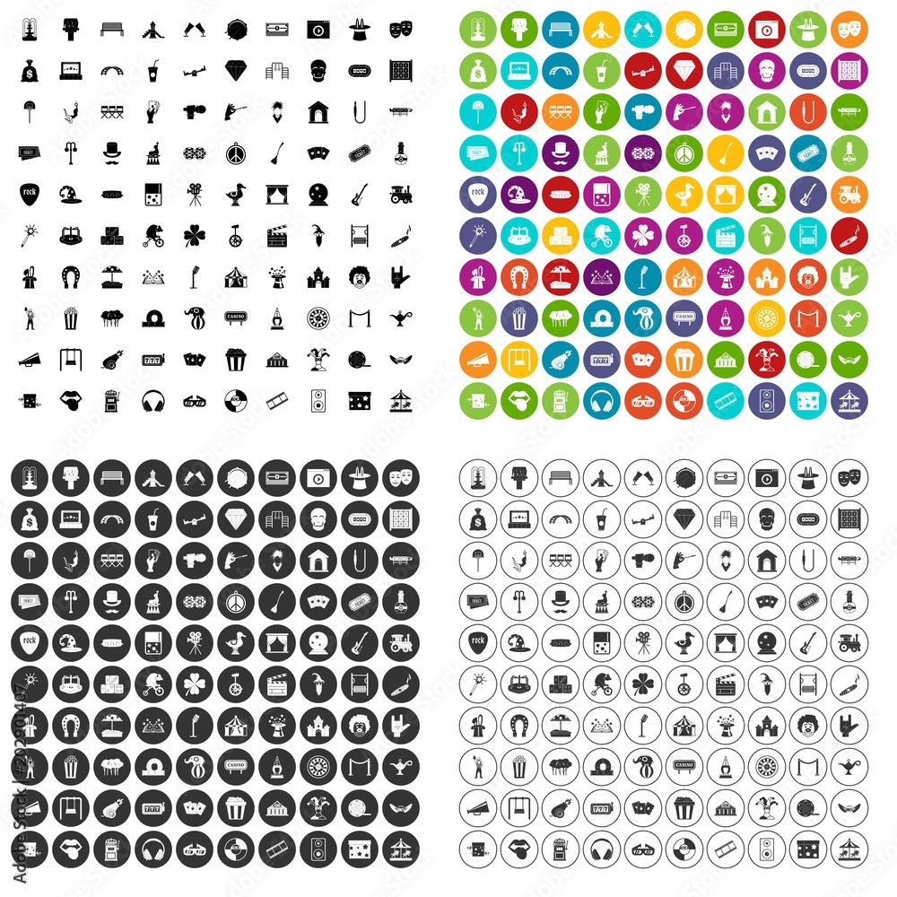 100 recreational activities icons set vector in 4 variant for any web design isolated on white