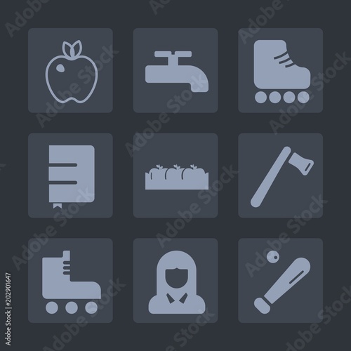 Premium set of fill icons. Such as girl, fresh, nature, sport, book, paper, shoe, equipment, roller, water, page, vegetarian, face, hammer, healthy, box, young, background, organic, baseball, lady