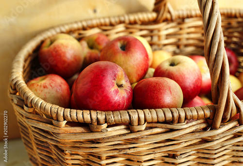 Close-up of bright tasty apples in a basket