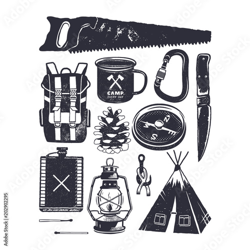 Vintage hand drawn camping symbols. Hiking icons in retro monochrome style. Silhouette mountain adventure elements. Perfect for logo creation, infographics. Stock vector