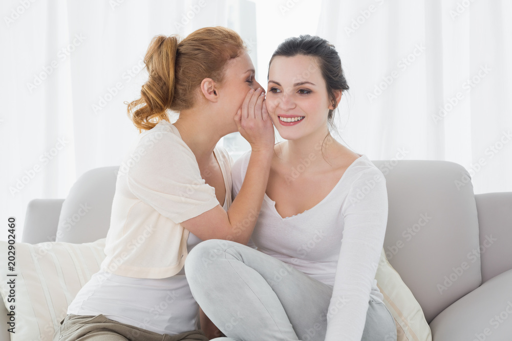 Happy female friends gossiping in living room Happy female friends gossiping in living room