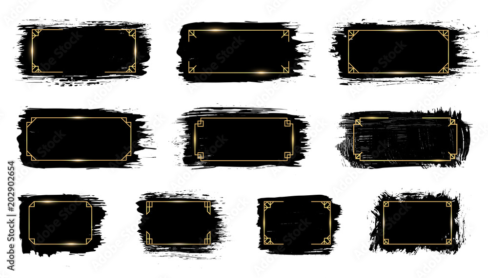 Black paint, vector ink brush stroke, brush, line, texture, splash set with gold premium glowing magic frames. Dirty artistic design element, box, frame, background collection for text. Glitter effect