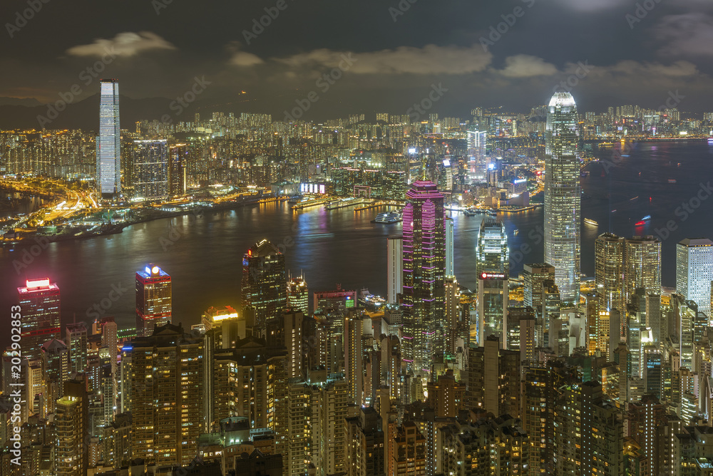 Victoria harbor of Hong Kong City at night