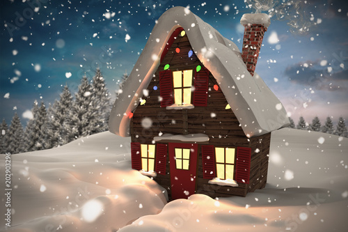 Composite image of christmas house against fir tree forest in snowy landscape