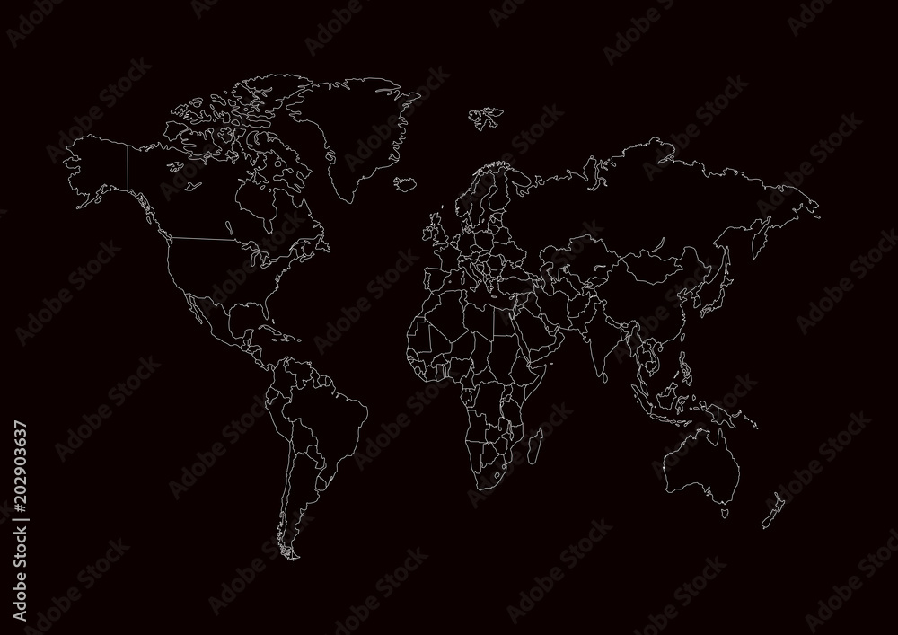 World map black dark white linees