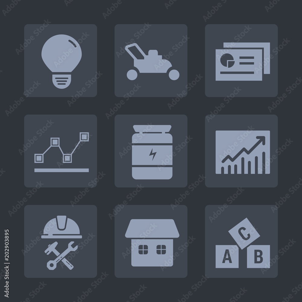 Premium set of fill icons. Such as grass, business, builder, construction, cut, stats, document, energy, data, report, idea, chart, trend, electricity, bar, lawnmower, light, graph, tool, illumination Premium set of fill icons. Such as grass, business, builder, construction, cut, stats, document, energy, data, report, idea, chart, trend, electricity, bar, lawnmower, light, graph, tool, illumination