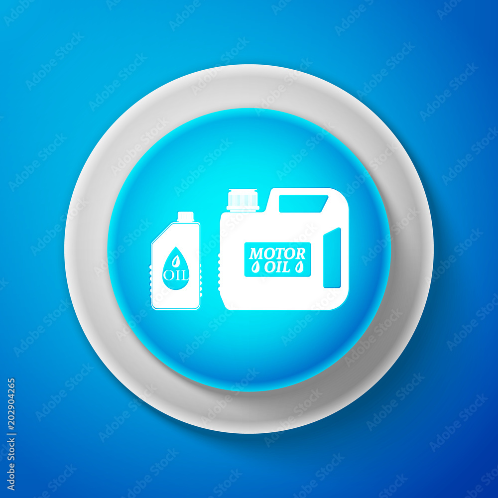 White Plastic canister for motor machine oil icon isolated on blue background. Oil gallon. Oil change service and repair. Engine oil sign. Circle blue button with white line. Vector Illustration White Plastic canister for motor machine oil icon isolated on blue background. Oil gallon. Oil change service and repair. Engine oil sign. Circle blue button with white line. Vector Illustration