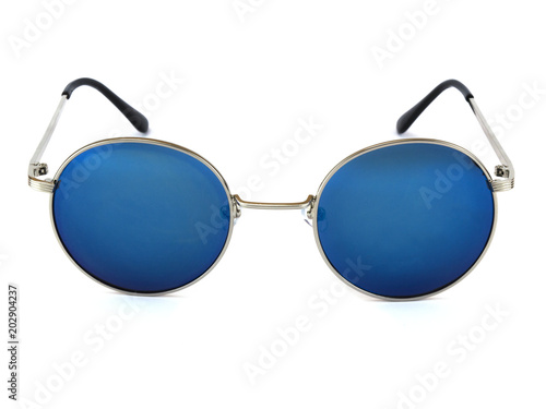blue sunglasses on a white background. 