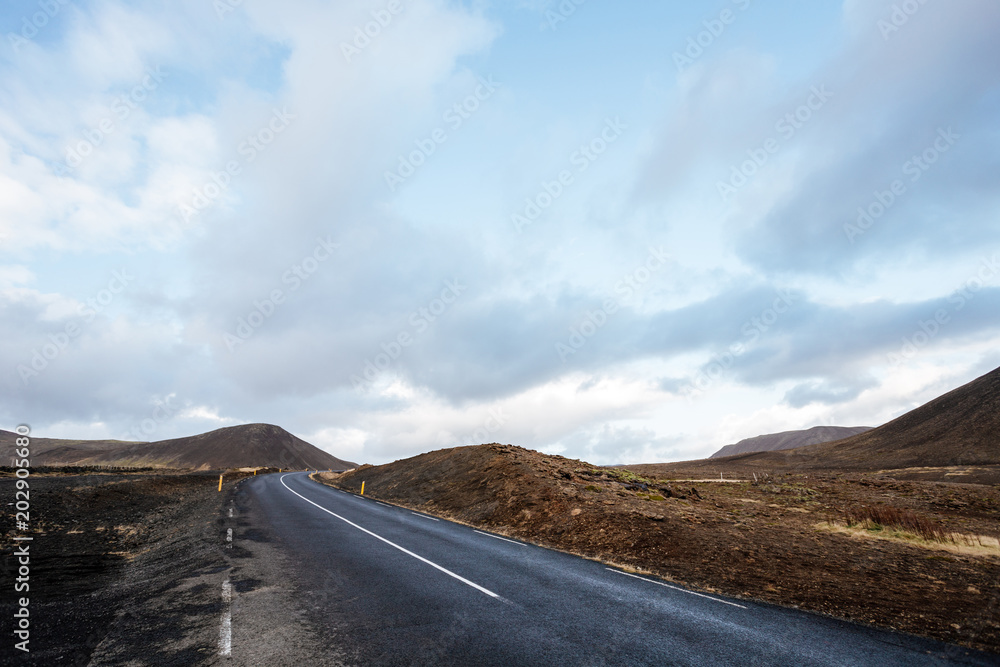 Road between fields on Atlantic South Coast in Iceland