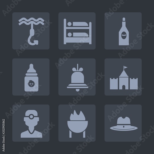 Premium set of fill icons. Such as cowboy, sign, room, fishing, drink, baby, notification, restaurant, bell, travel, metal, dental, grill, food, dentistry, beverage, tower, hook, wineglass, hostel