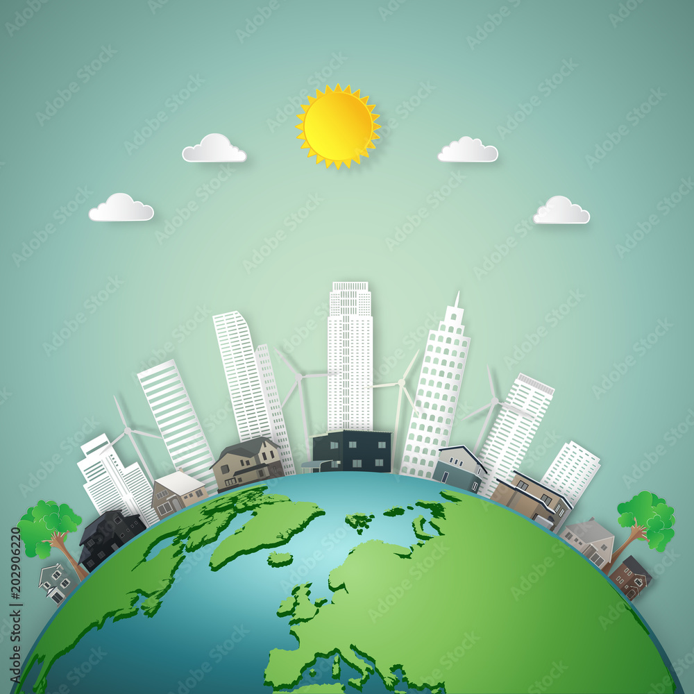 Φωτογραφία Modern buildings cityscape and houses on green world as business, nature, eco and love earth day concept