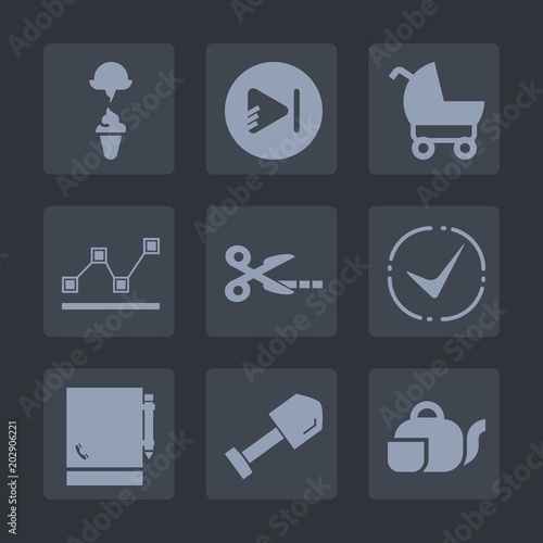 Premium set of fill icons. Such as video, check, pram, baby, notebook, food, construction, japanese, tool, music, frozen, button, tea, summer, play, dessert, beverage, cold, drink, player, stroller