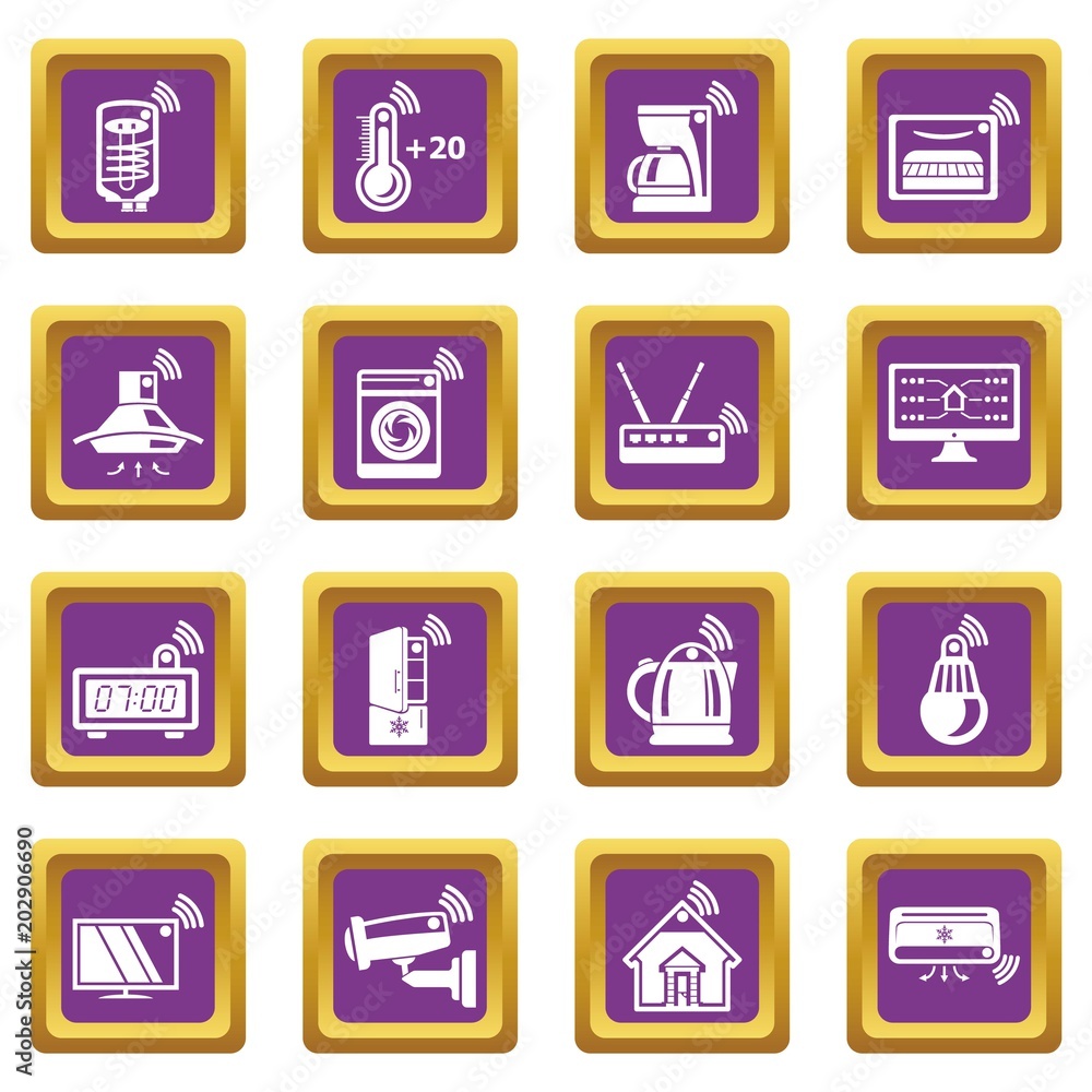 Smart home icons set vector purple square isolated on white background Smart home icons set vector purple square isolated on white background