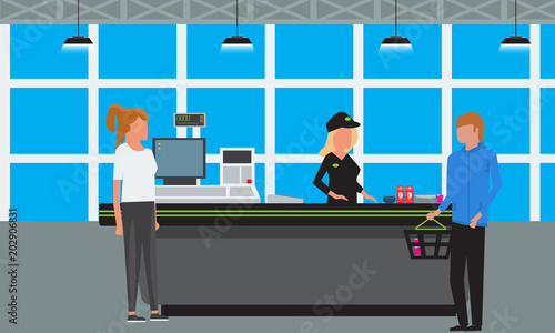 Vector Big Supermarket or Mall Interior. Scene inside of shopping mall people standing at cashier.