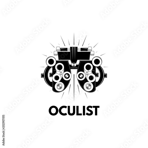 Phoropter. Ophthalmologic equipment. Oculist logo label. Vision test. Vector.