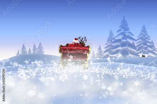 Santa flying his sleigh against snowy landscape with fir trees © vectorfusionart