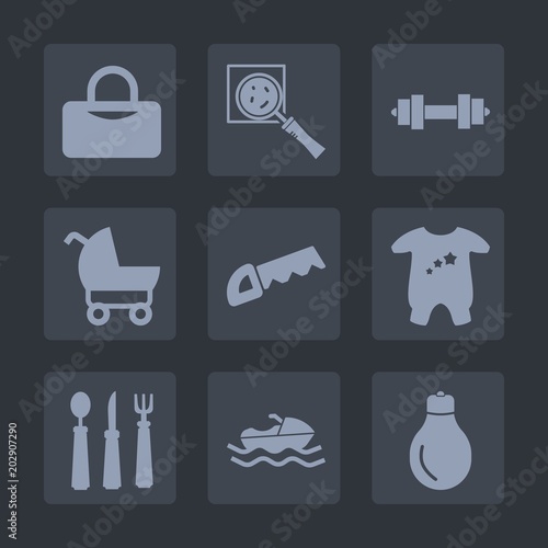 Premium set of fill icons. Such as clothes, saw, kid, sea, magnification, power, construction, bulb, carriage, child, gym, dumbbell, bag, light, health, family, spoon, clothing, stroller, glass, find