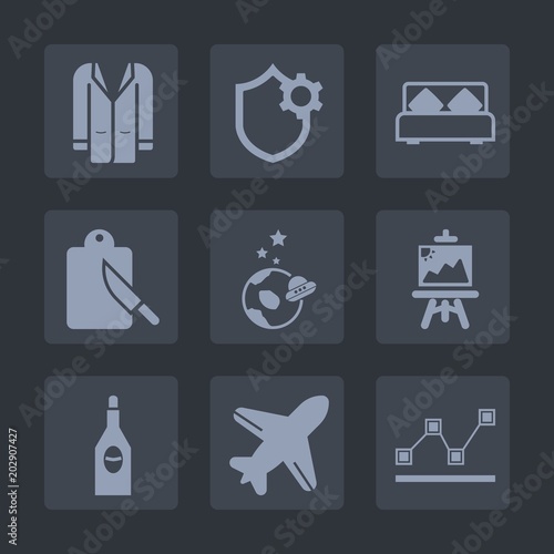Premium set of fill icons. Such as glass, alcohol, settings, fork, airplane, artist, sign, young, bedroom, graph, data, art, restaurant, jacket, style, science, clothing, aircraft, red, exploration