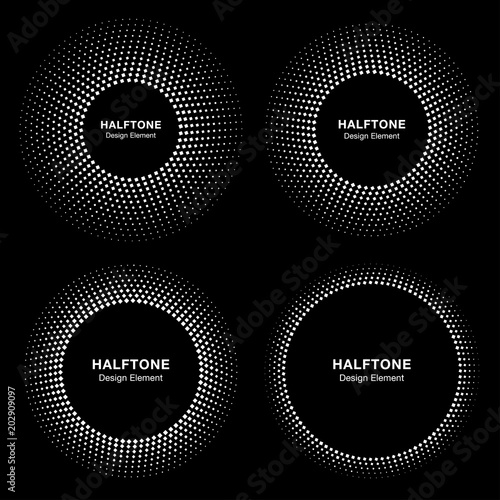 Set of White Abstract Emblem Circle Frame Halftone Dots Logo Design Elements for medical treatment, cosmetic, technology. Circle Border Icon halftone square dot vector elements. Vector illustration.