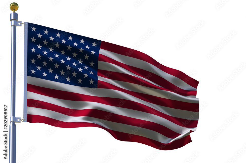Φωτογραφία The silk waving flag of United States of America (USA) with a flagpole on white background