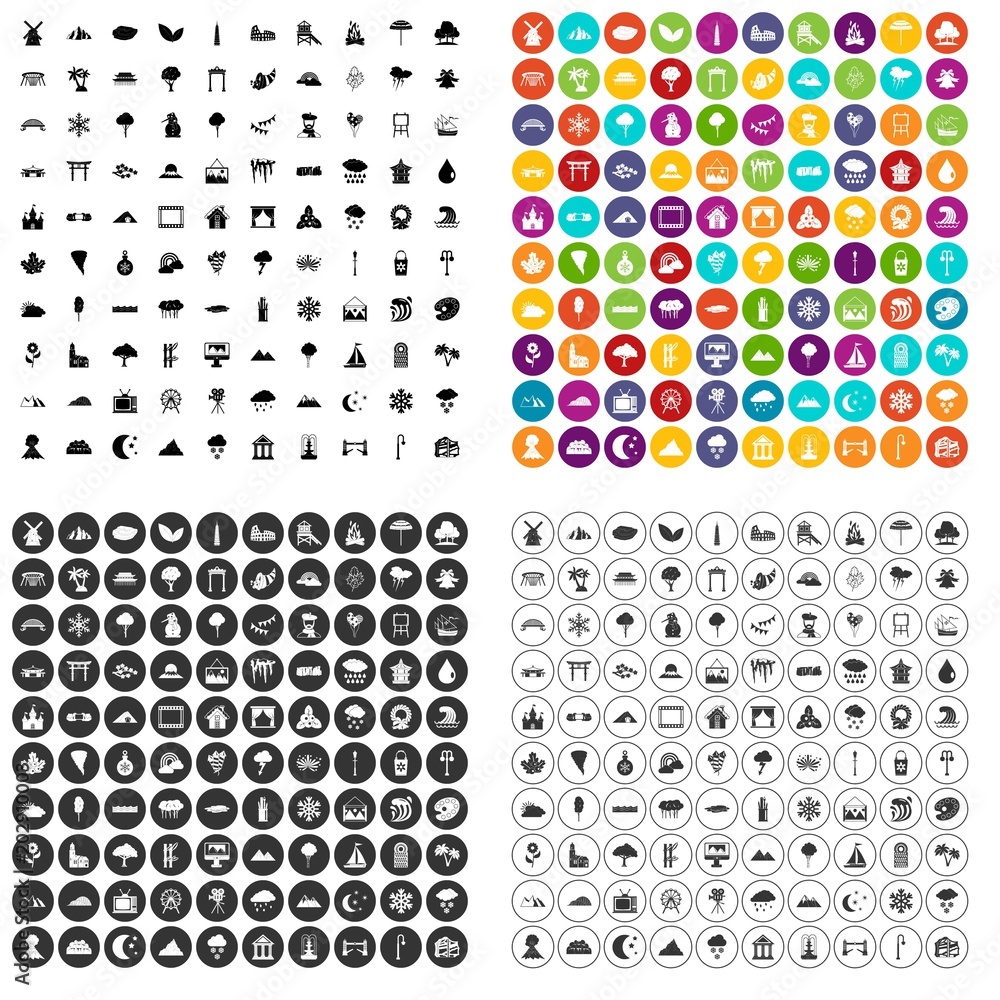 100 scenery icons set vector in 4 variant for any web design isolated on white