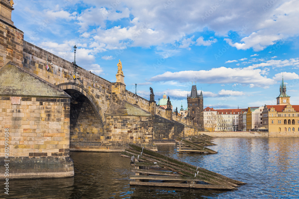 Charles Bridge that crosses the Vltava river in Prague, Czech Republic