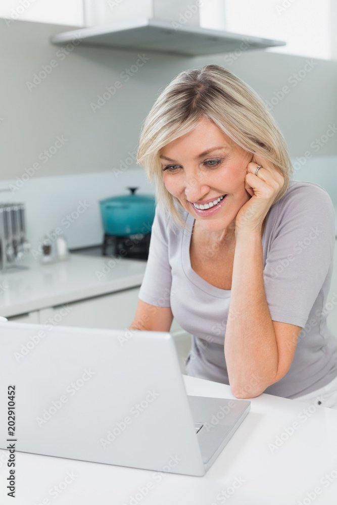 Casual happy woman using laptop in kitchen Casual happy woman using laptop in kitchen