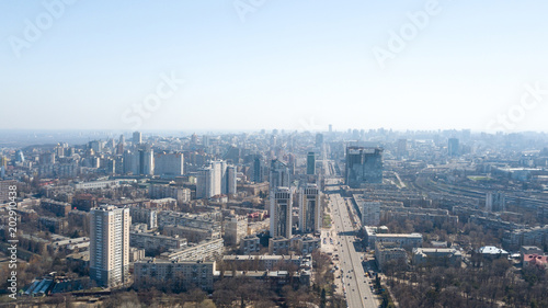 Beautiful area of kiev near the city center at sunrise time, aerial photography in Kiev, Ukraine. © artjazz