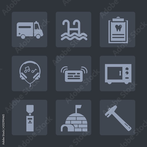 Premium set of fill icons. Such as sign, gallon, hammer, clinic, health, technology, sound, oven, message, care, snow, wrench, audio, medical, sport, earphone, swim, modern, listen, kitchen, pool, ice