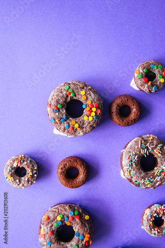 Chocolate baked doughnuts on a violet background glazed and decorated with confetti. Top view.