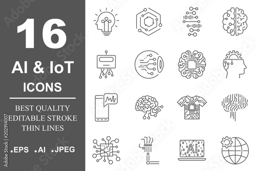 Simple set of artificial intelligence related line icons contains such icons as droid, eye, chip, brain. Editable Stroke.