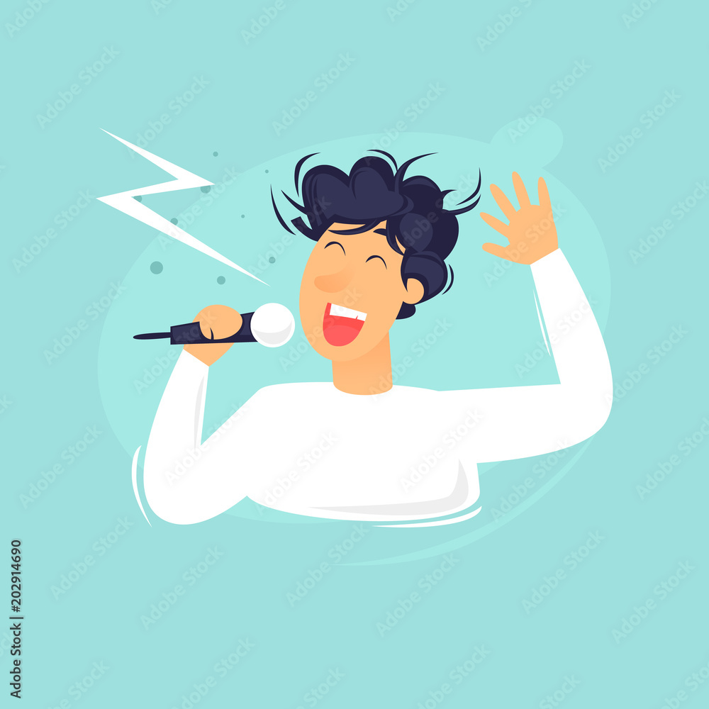 Fotografie Karaoke, the man sings. Flat design vector illustration.