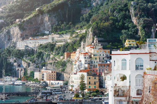 Panoramic view of Amalfi landscape, italian travel destination on mediterranean sea © tanialerro