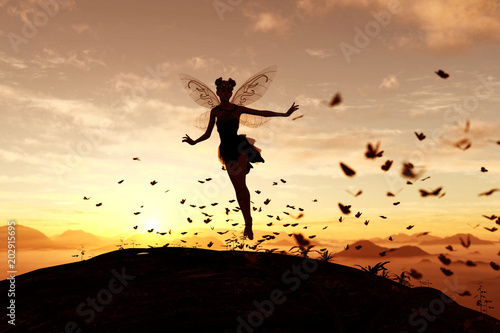 Fototapeta 3d rendering of a fairy on a tree trunk on the sky of a sunset or sunrise surrou