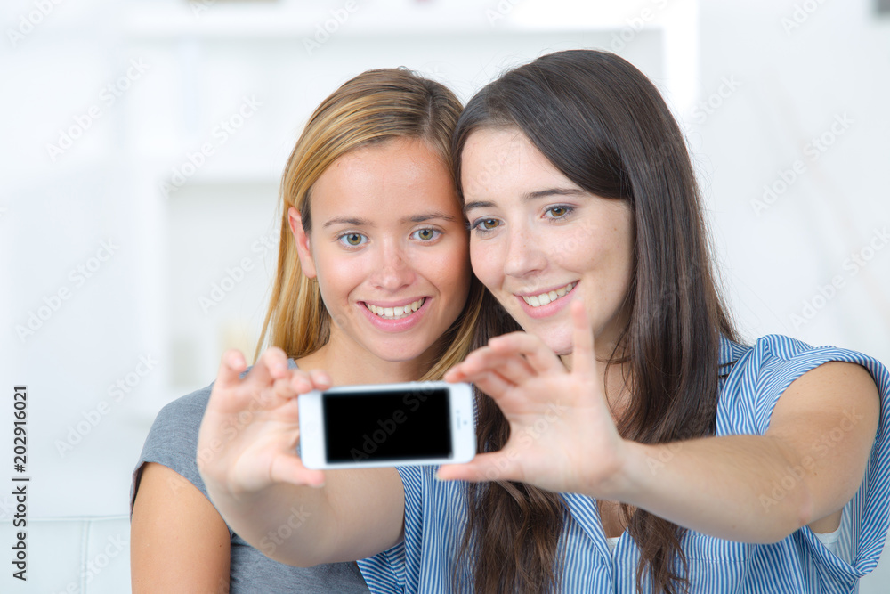 two young happy friends making selfie two young happy friends making selfie