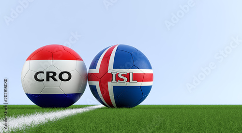 Croatia vs. Iceland Soccer Match - Soccer balls in Croatia and Iceland national colors on a soccer field. Copy space on the right side - 3D Rendering 