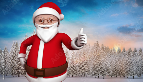 Cute cartoon santa claus against fir tree forest in snowy landscape