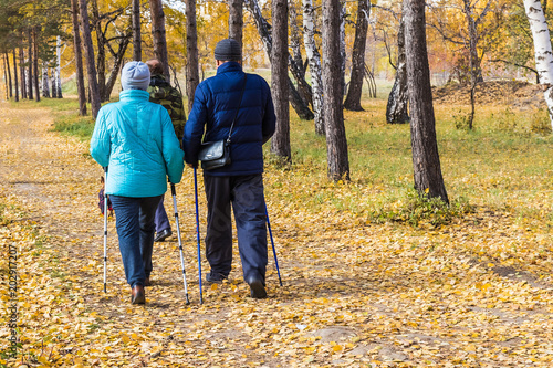 A woman and a man practicing a Scandinavian walk